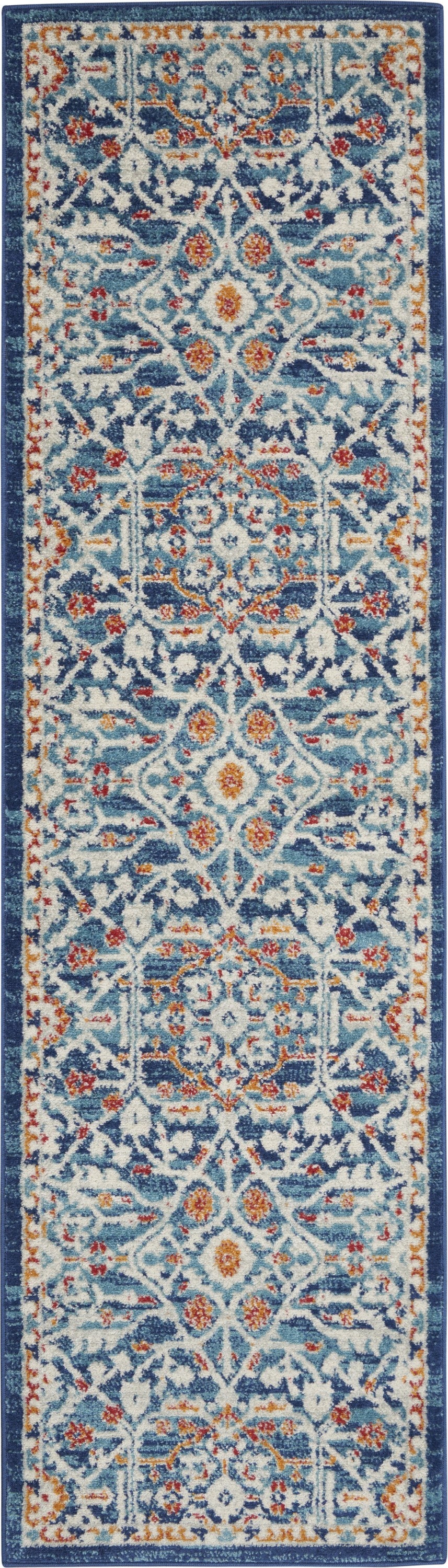 8' Blue And Ivory Floral Power Loom Runner Rug - 99fab 