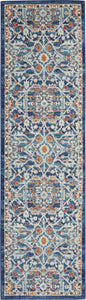 8' Blue And Ivory Floral Power Loom Runner Rug