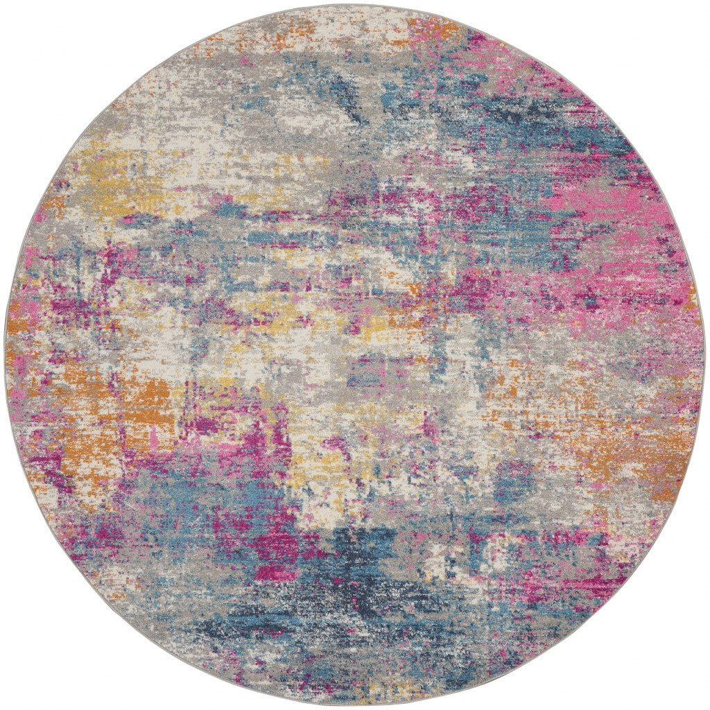 4' Blue And Pink Round Abstract Power Loom Area Rug - 99fab 