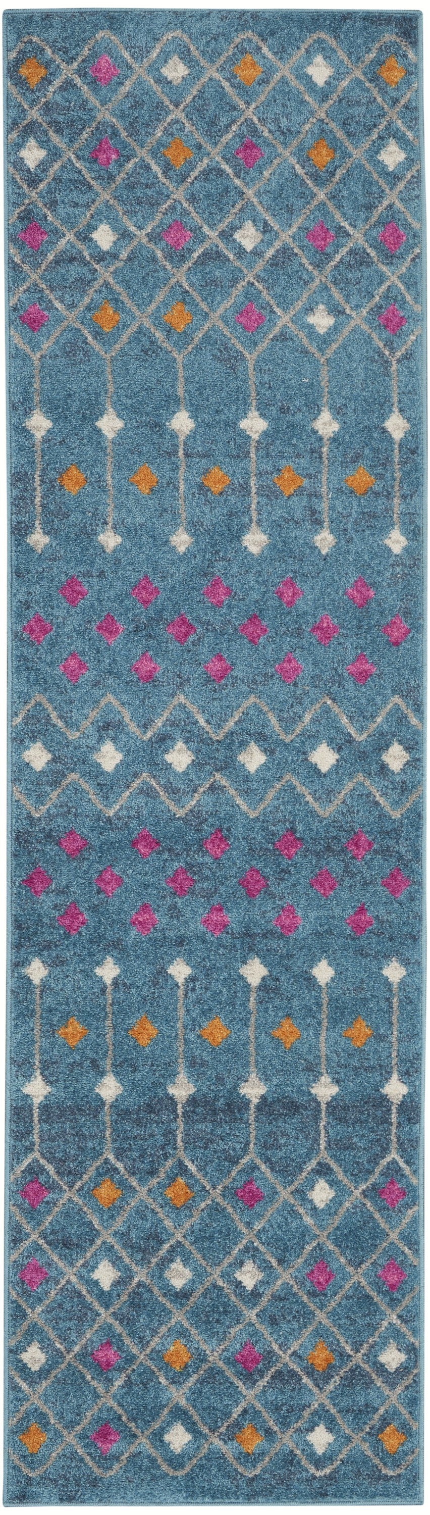 8' Blue And Orange Geometric Dhurrie Runner Rug