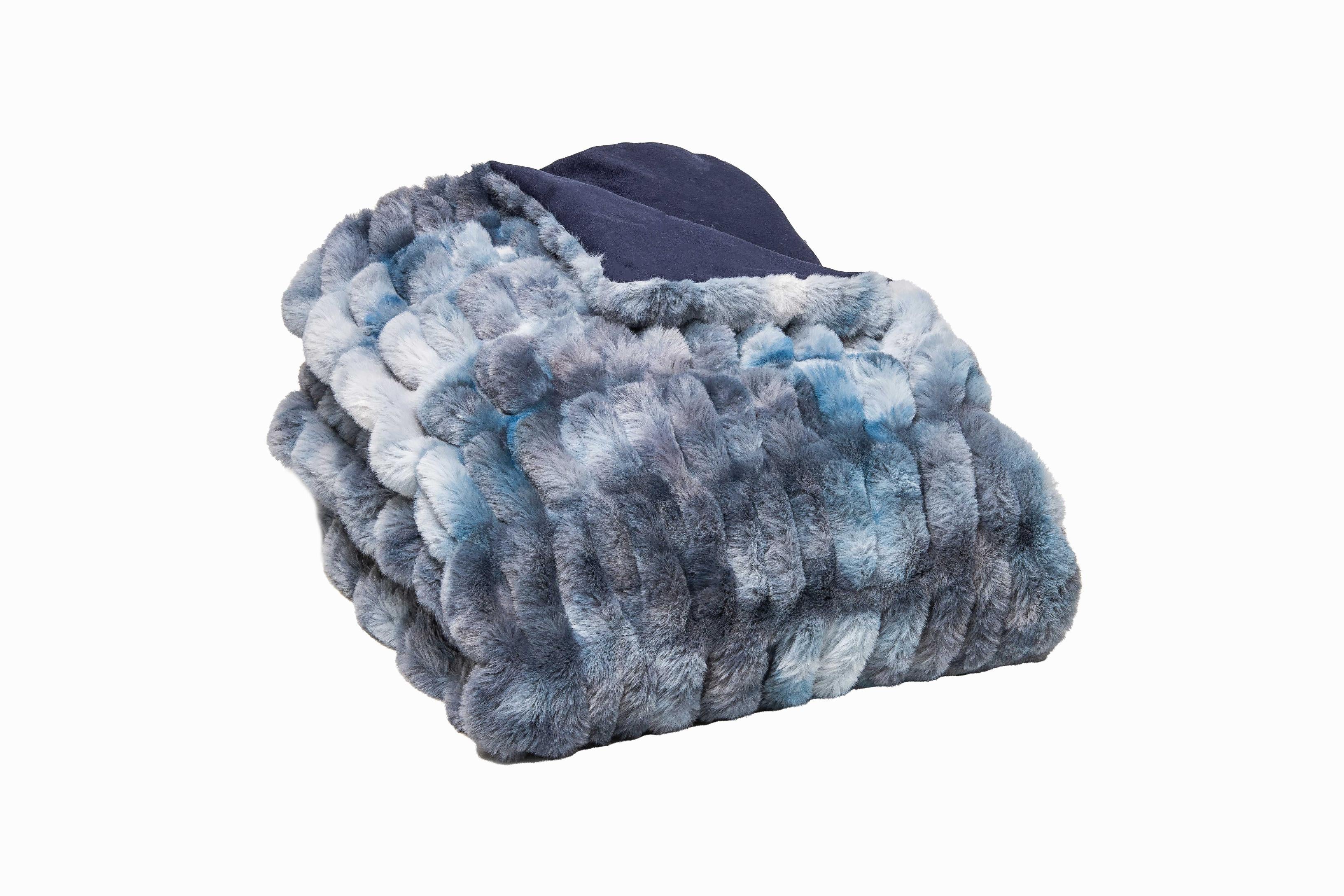 Chunky Sectioned Shades Of Blue Faux Fur Throw Blanket