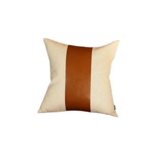 White And Brown Faux Leather Square Pillow Cover