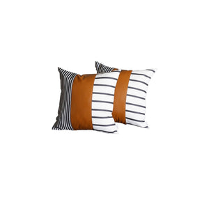 22" X 22" Black And White Stripes And  Faux Leather Pillow Cover