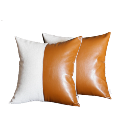 Set Of 2 Bichrome Pearl White And Rustic Brown Faux Leather Pillow Covers - 99fab 