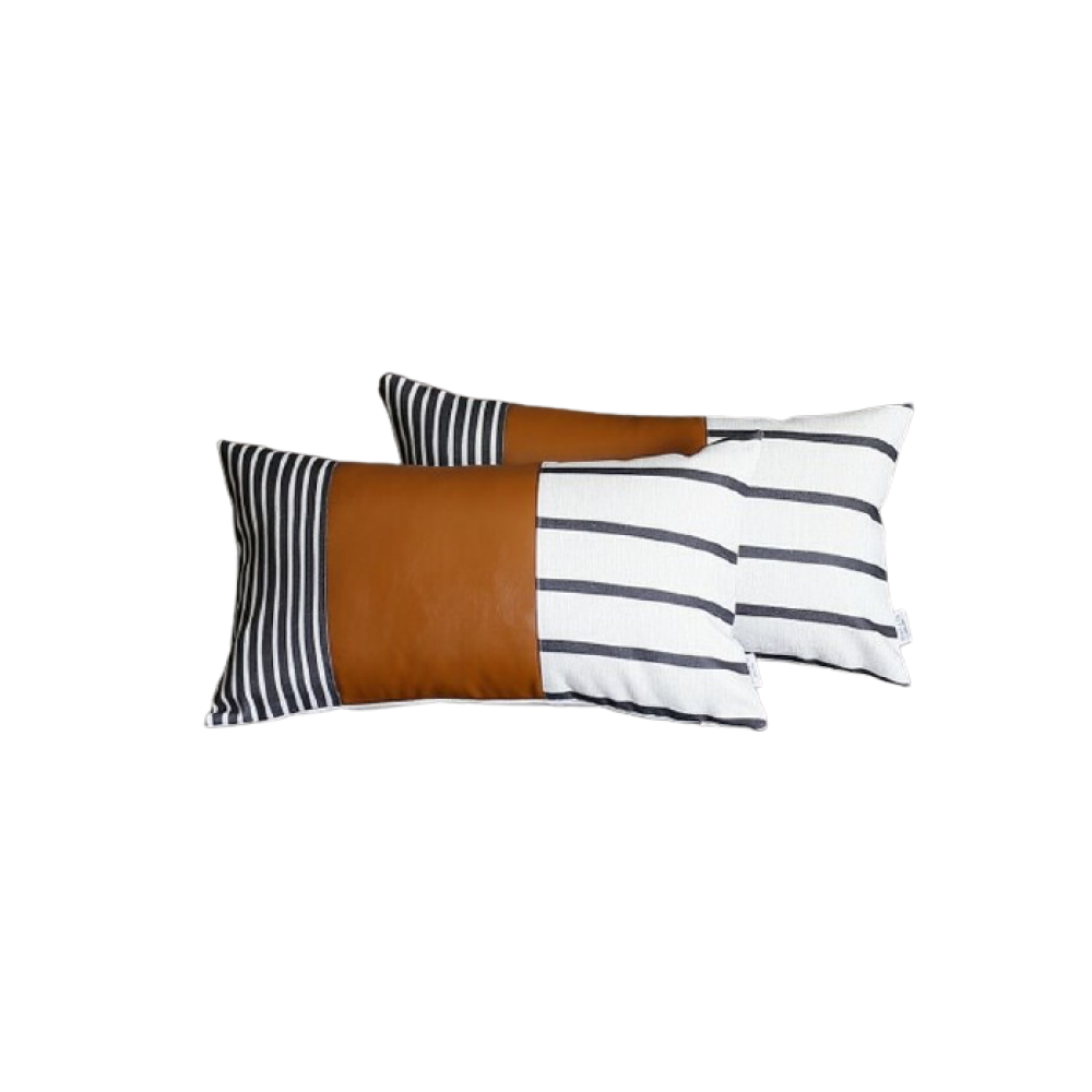 Set Of 2 Striped And Bright Brown Faux Leather Lumbar Pillow Covers