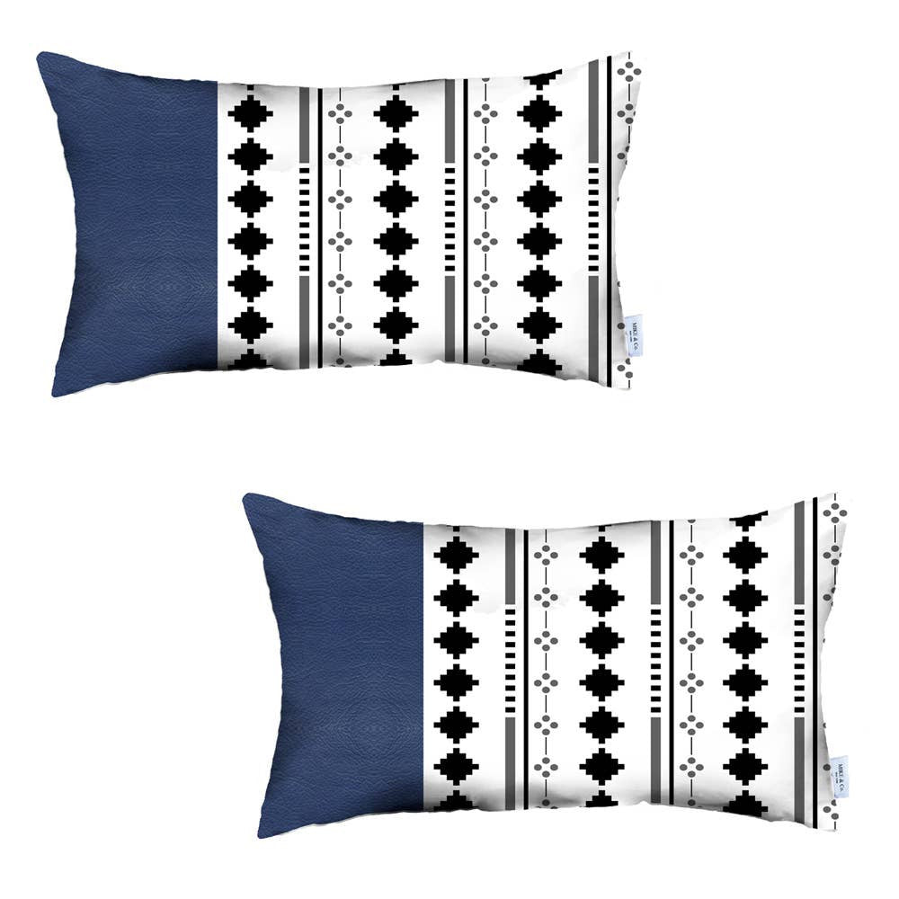 Set Of 2 Diamond Patterns And Navy Blue Faux Leather Lumbar Pillow Covers - 99fab 