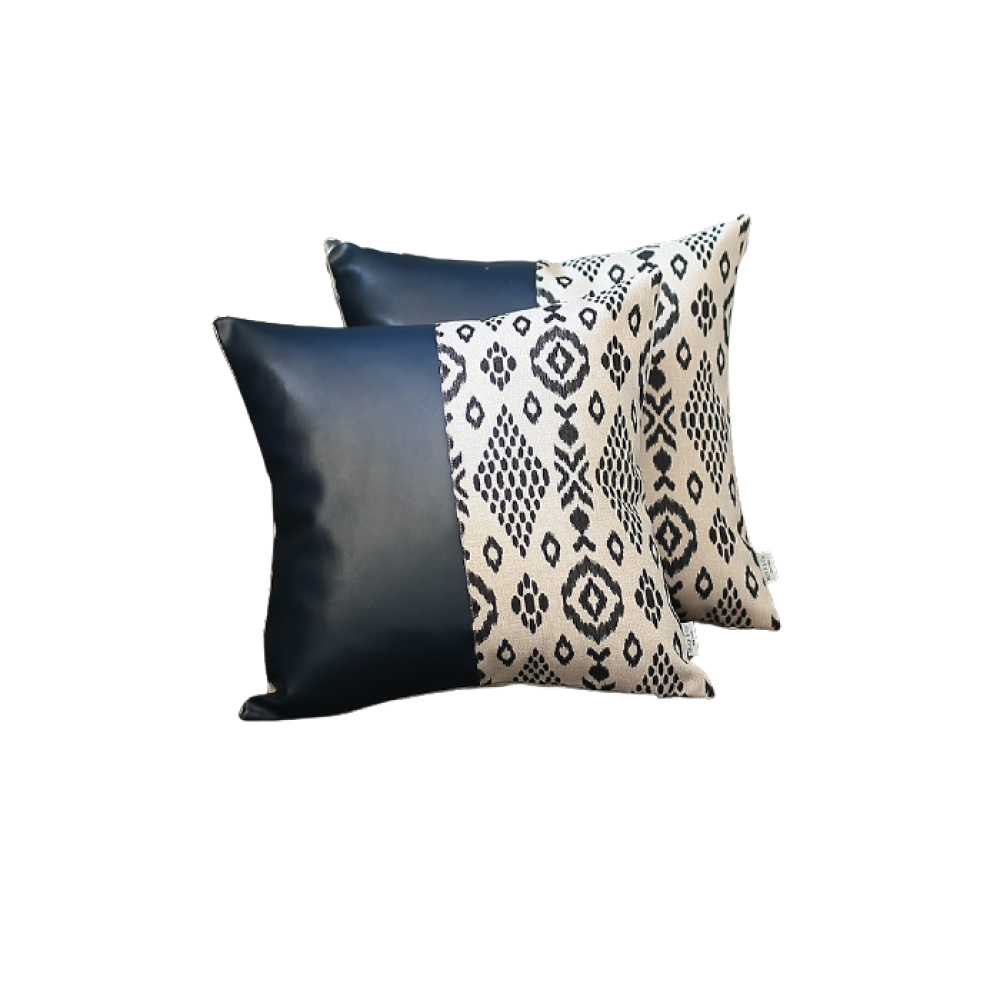 Set Of 2 Half Bohemian Patterns And Prussian Blue Faux Leather Lumbar Pillow Covers - 99fab 