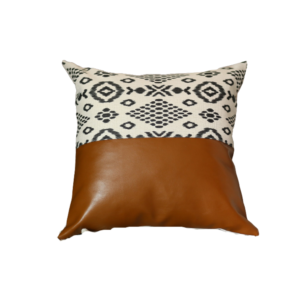 Set Of 2 Semi Brown Faux Leather And Eclectic Geometric Patterns Pillow Covers - 99fab 