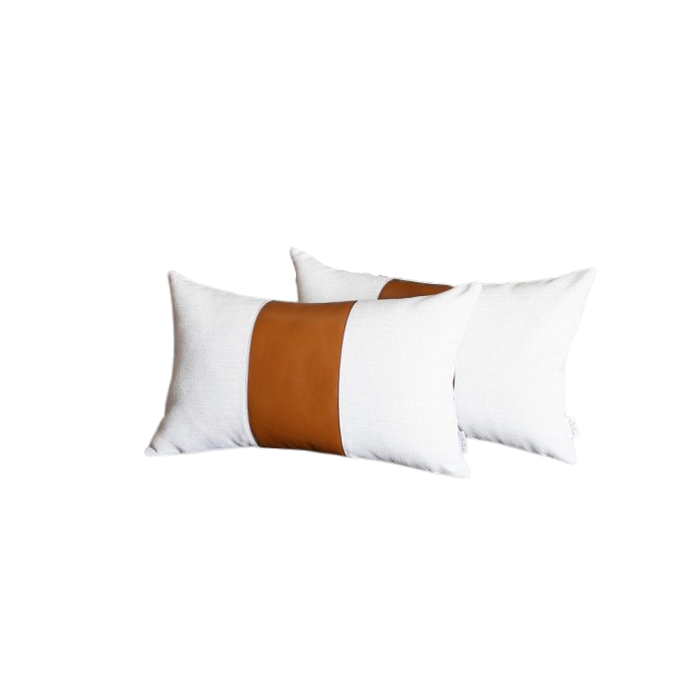 Set Of 2 Porcelain White And Center Caramel Brown Faux Leather Pillow Covers - 99fab 