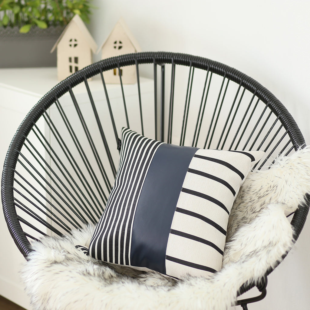 Set Of 2 Monochromic Stripe Ends And Spruce Blue Faux Leather Lumbar Pillow Covers - 99fab 