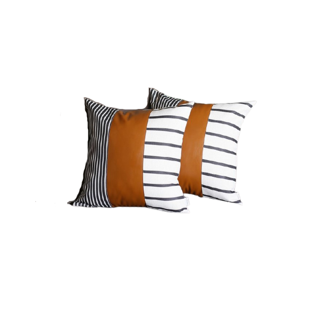 Set Of 2 Monochromic Stripe Ends And Brown Faux Leather Lumbar Pillow Covers - 99fab 