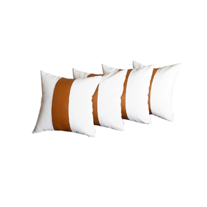 Set Of 4 White And Center Brown Faux Leather Pillow Covers