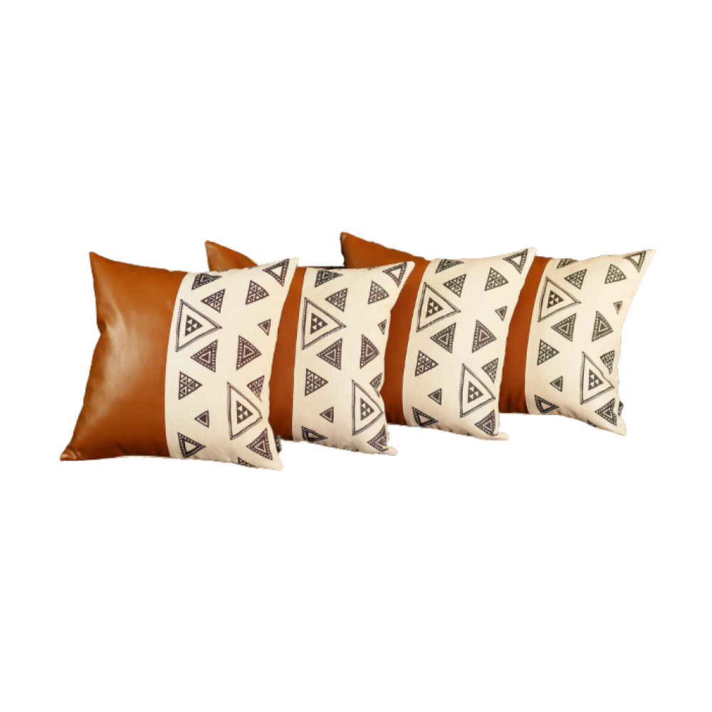 Set Of 4 Triangle And Brown Faux Leather Pillow Covers