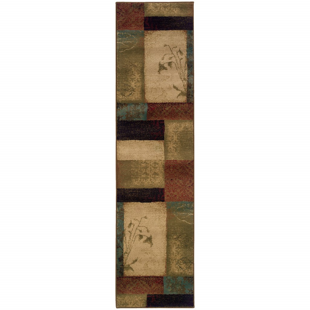 2’ X 8’ Beige And Brown Floral Block Pattern Runner Rug