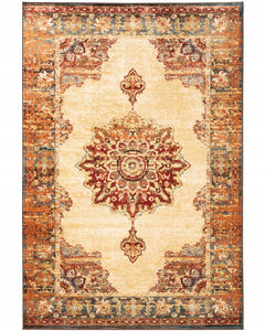 7’ X 9’ Gold And Orage Floral Medallionarea Rug