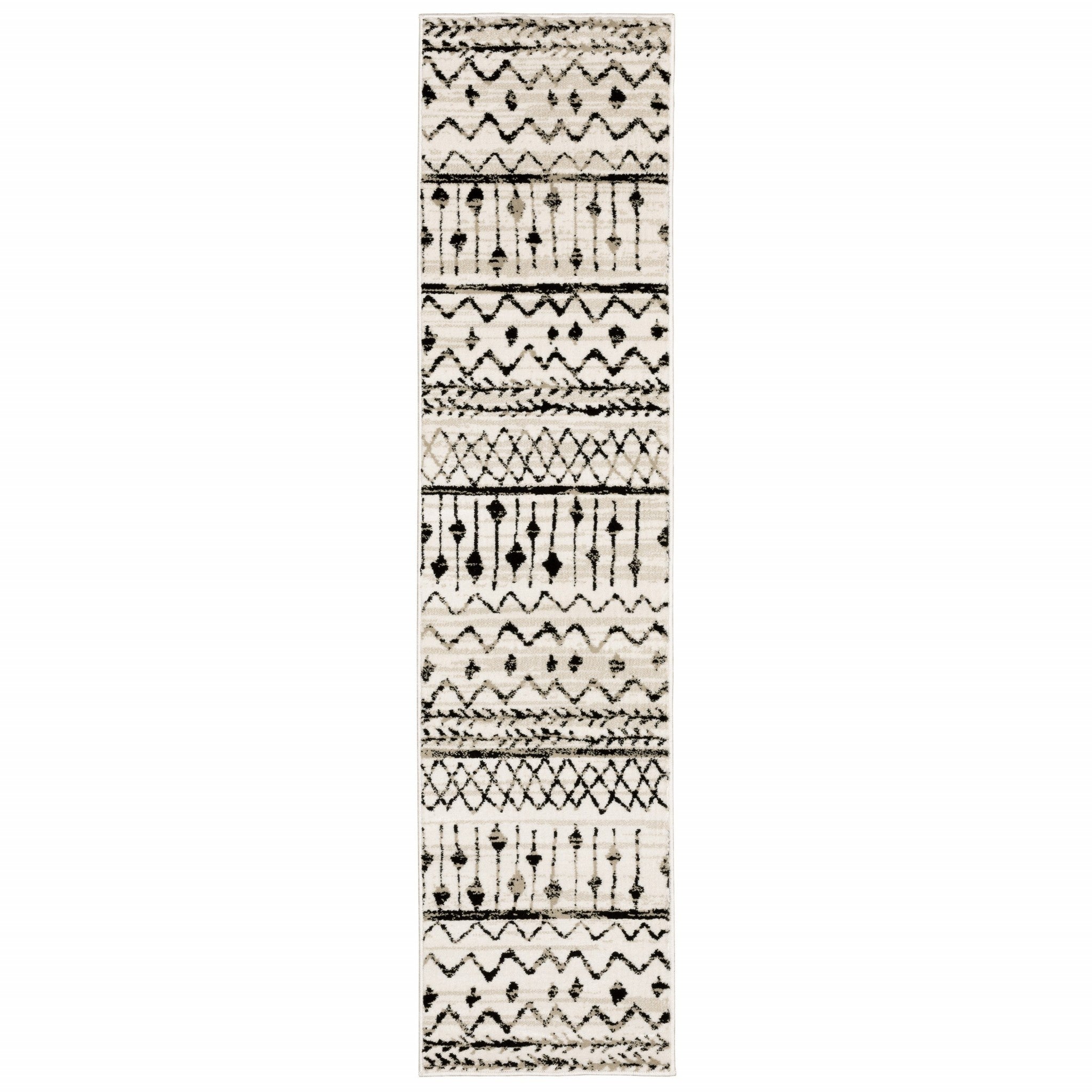 2’ X 8’ Ivory And Black Eclectic Patterns Indoor Runner Rug