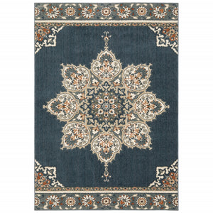 10’ X 13’ Blue And Beige Floral Medallion Indoor Area Rug