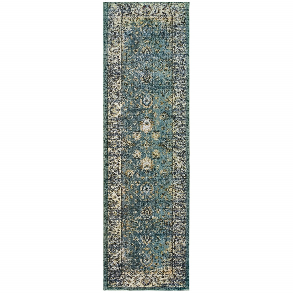 2’ X 8’ Peacock Blue And Ivory Indoor Runner Rug - 99fab 