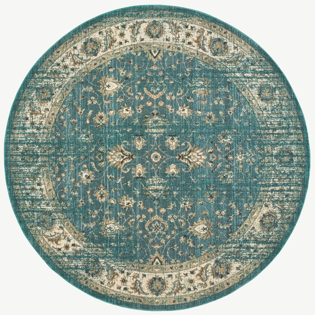 8’ Round Peacock Blue And Ivory Indoor Area Rug - 99fab 