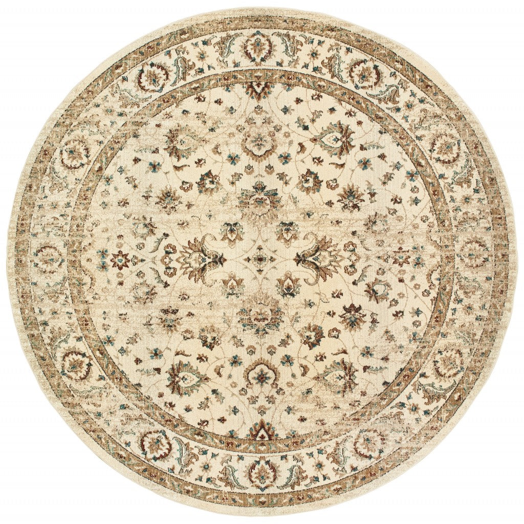 8’ Round Ivory And Gold Distressed Indoor Area Rug