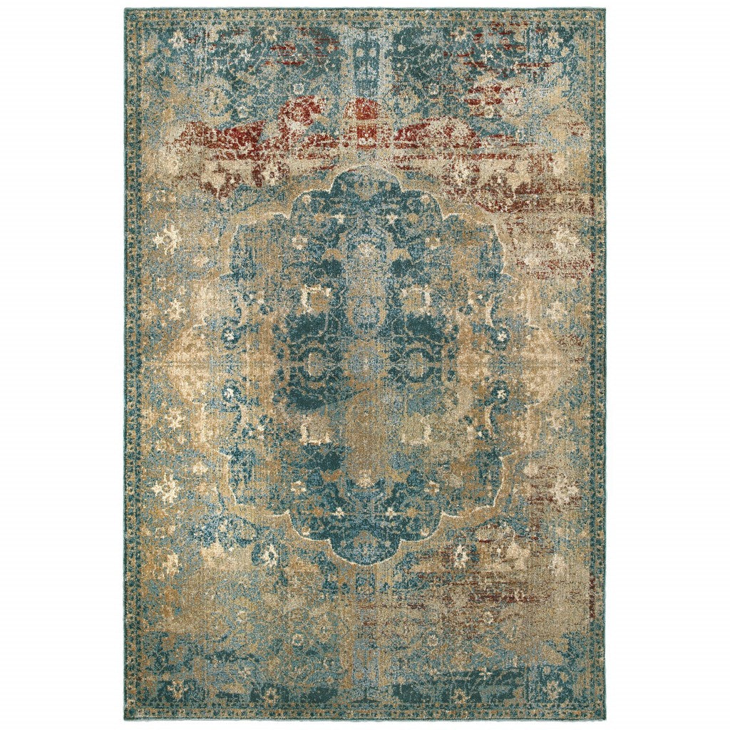 4’ X 6’ Sand And Blue Distressed Indoor Area Rug