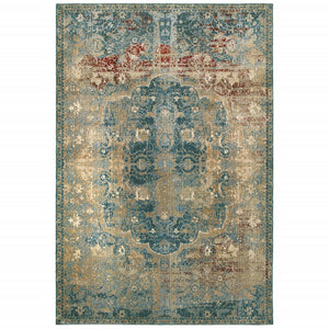 7’ X 10’ Sand And Blue Distressed Indoor Area Rug