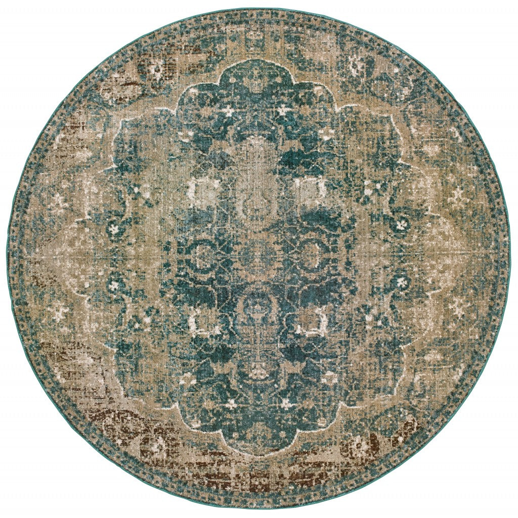 8’ Round Sand And Blue Distressed Indoor Area Rug