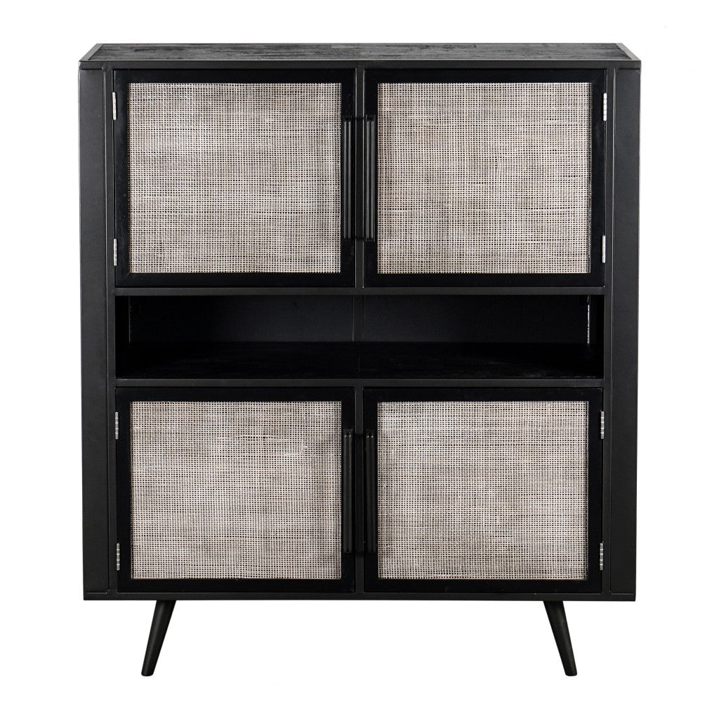 Modern Rustic Black Rattan Double Decker Accent Cabinet