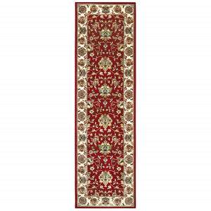 8' Red Ivory Machine Woven Floral Oriental Indoor Runner Rug