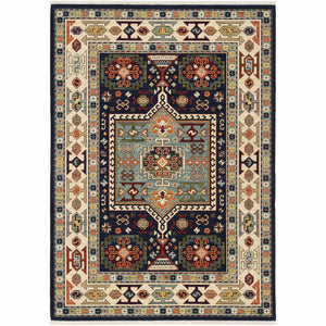 7' X 10' Blue Ivory Machine Woven Medallion Indoor Area Rug