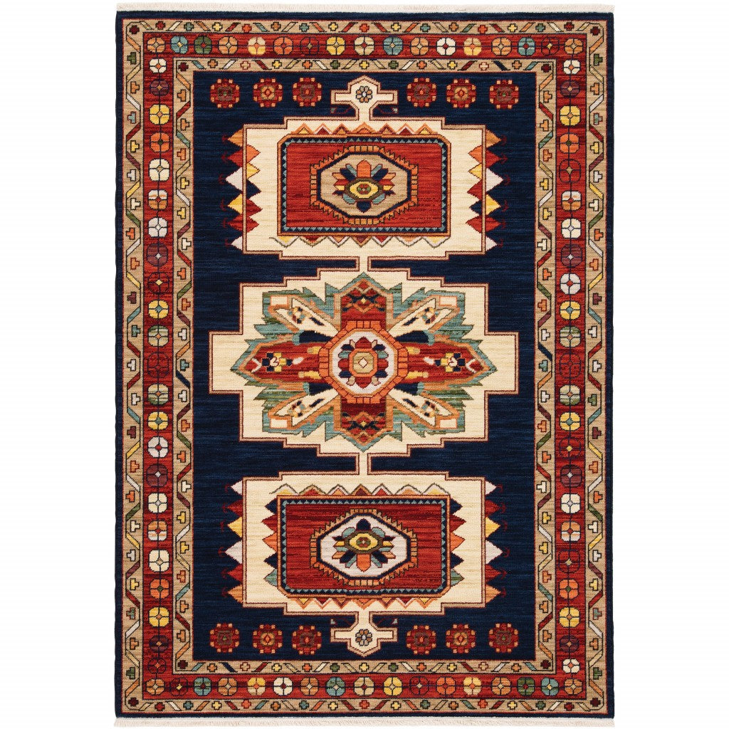 7' X 10' Blue Red Machine Woven Medallions Indoor Area Rug - 99fab 