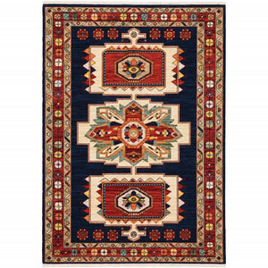 7' X 10' Blue Red Machine Woven Medallions Indoor Area Rug