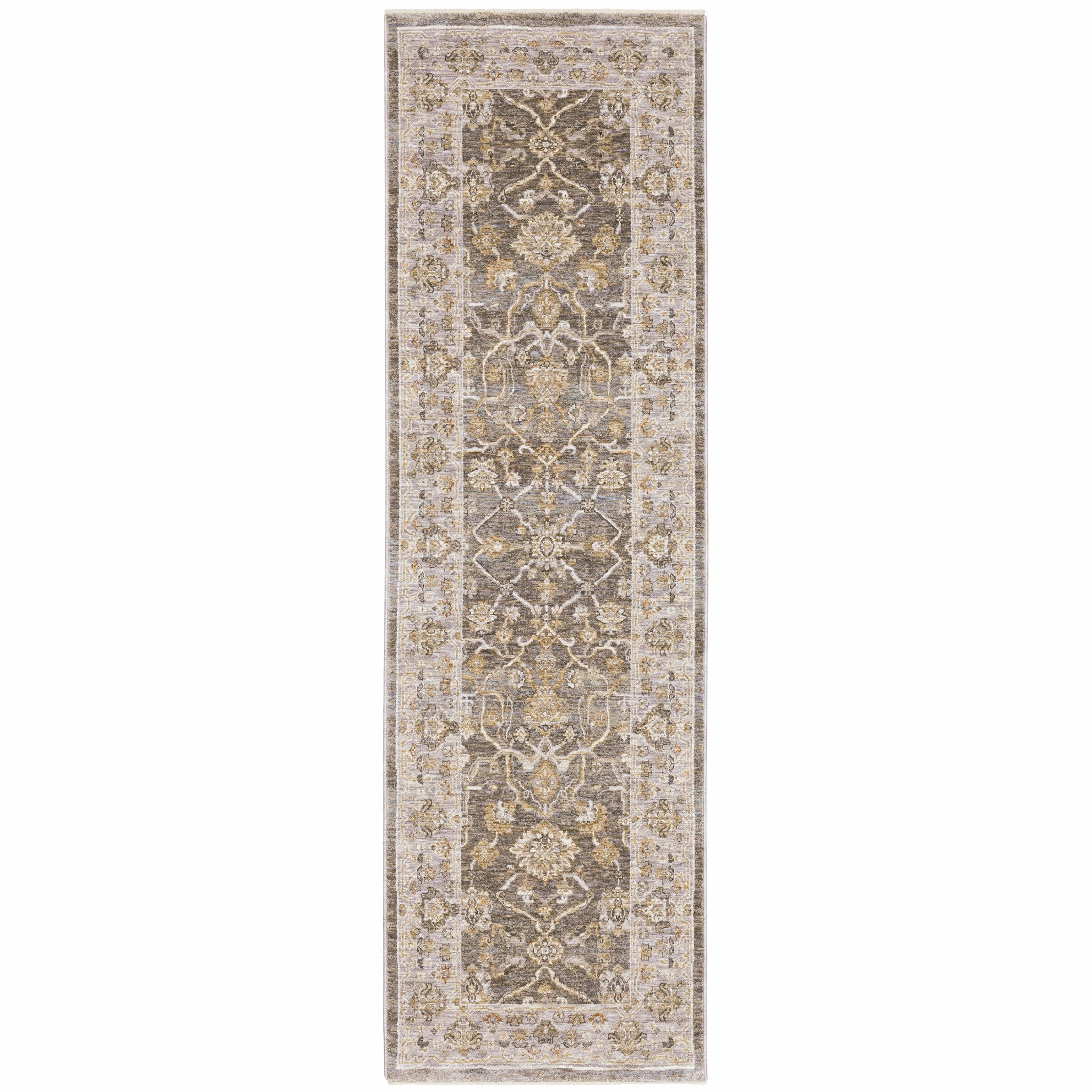 8' Beige Grey Machine Woven Oriental Indoor Runner Rug