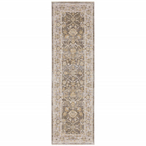 8' Beige Grey Machine Woven Oriental Indoor Runner Rug