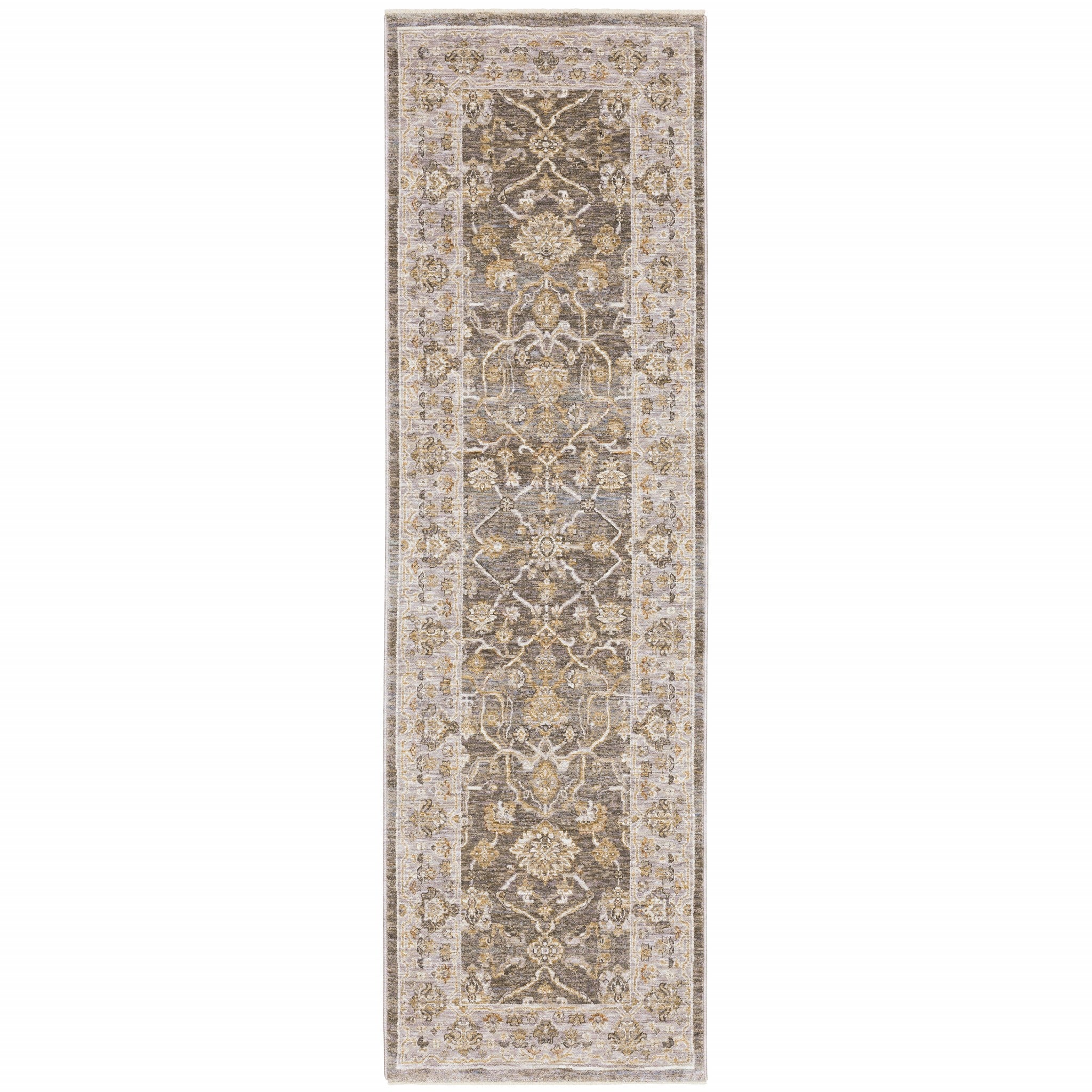 8' Beige Grey Machine Woven Oriental Indoor Runner Rug