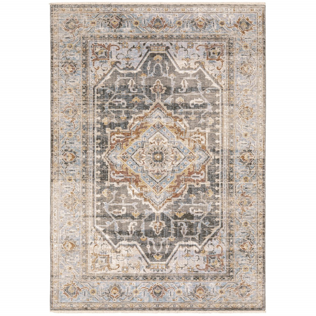 8' Grey Blue Machine Woven Medallion Indoor Runner Rug - 99fab 