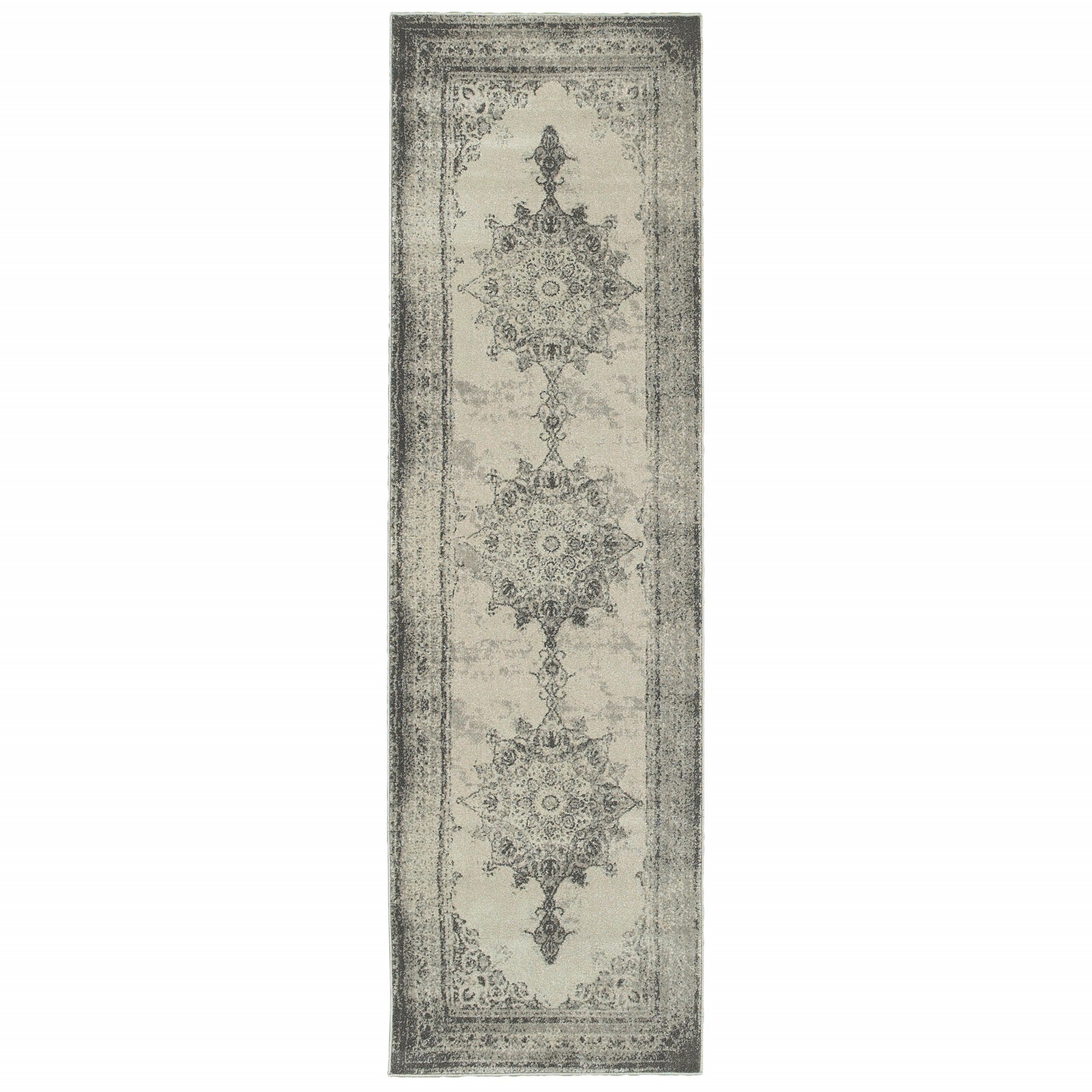 2’X8’ Ivory And Gray Pale Medallion Runner Rug