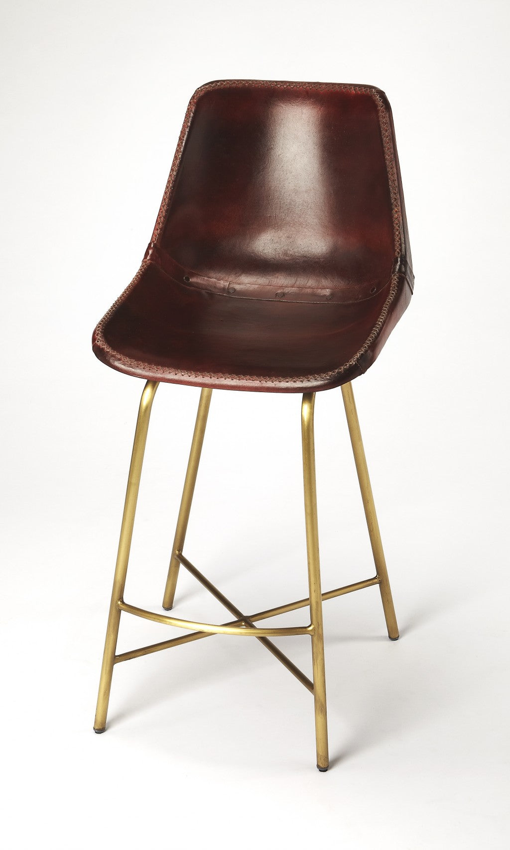 38" Brown And Gold Leather And Iron Bar Chair With Footrest