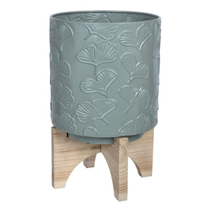 Leaf Pattern Green Planter With Wooden Base