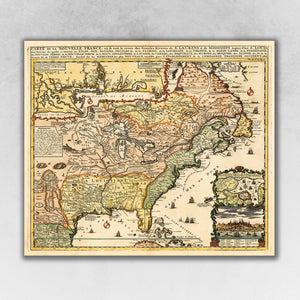 Vintage 1718 Map Of New France Unframed Print Wall Art