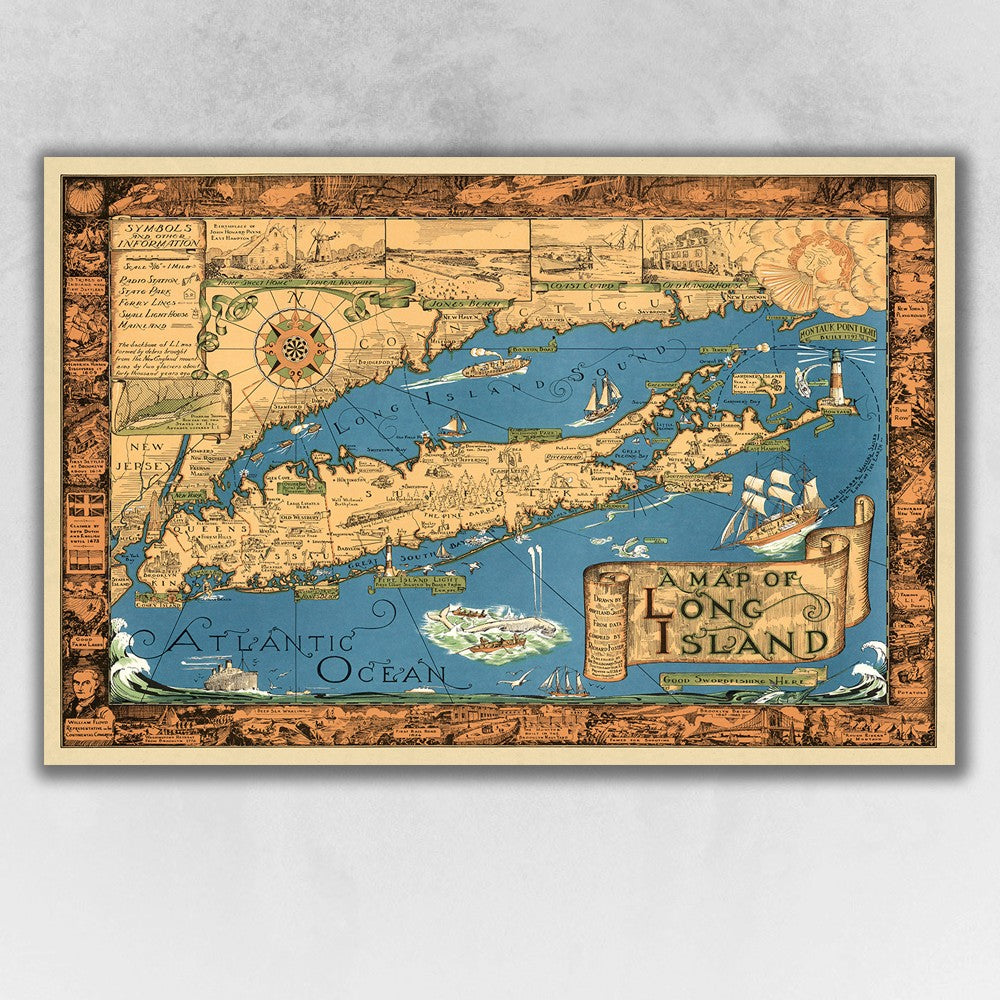 Vintage 1933 Map Of Long Island Unframed Print Wall Art - 99fab 
