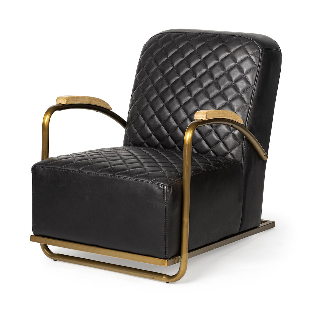 Black Leather Diamond Pattern Gold Club Chair - 99fab 