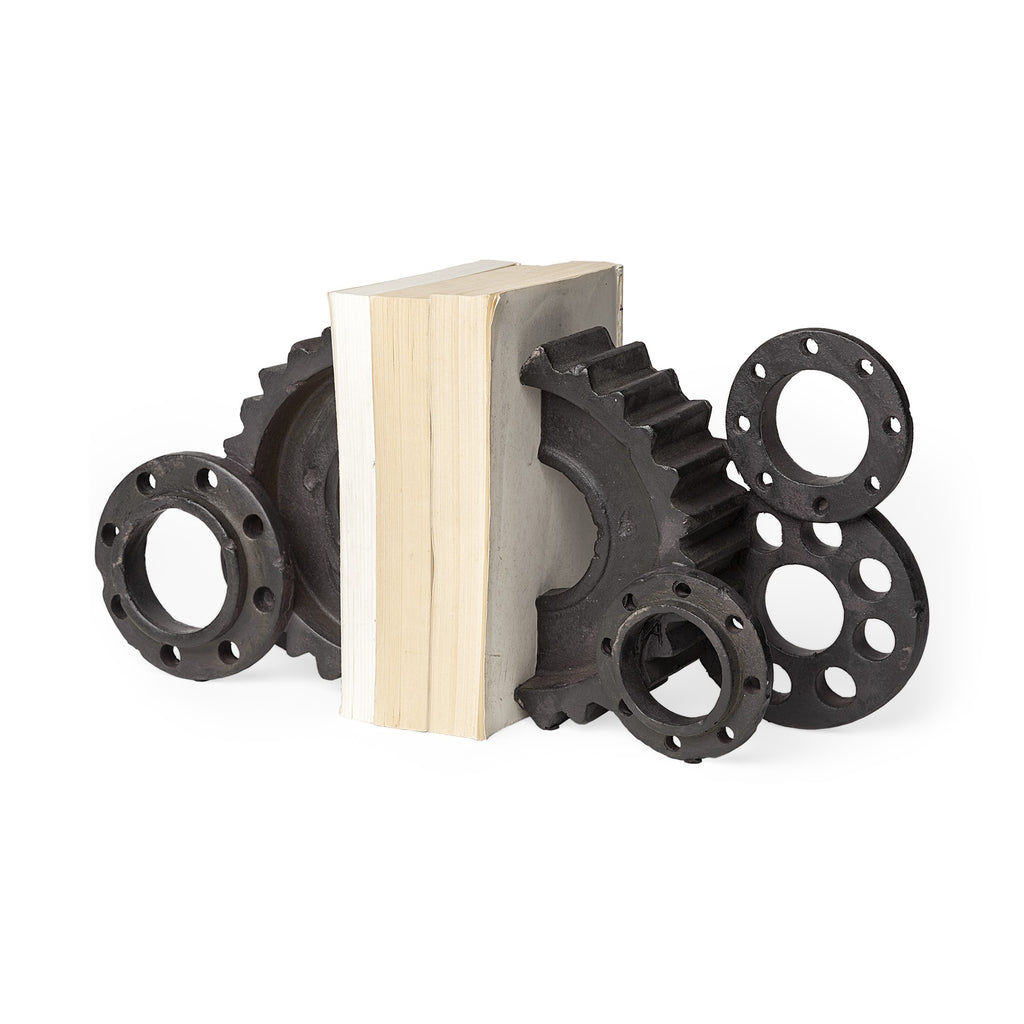 Matte Black Industrial Cogs Bookends - 99fab 