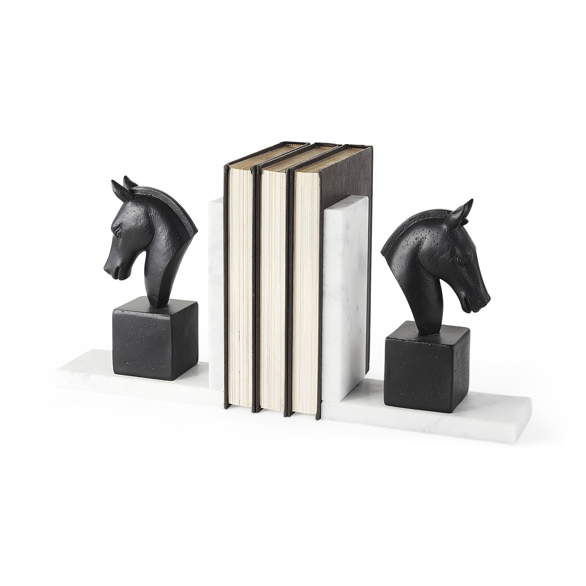 Black Stallion On White Marble Bookends