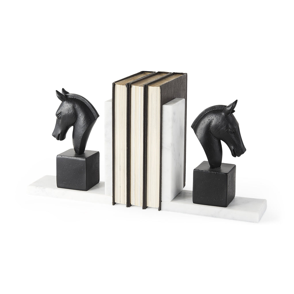 Black Stallion On White Marble Bookends - 99fab 