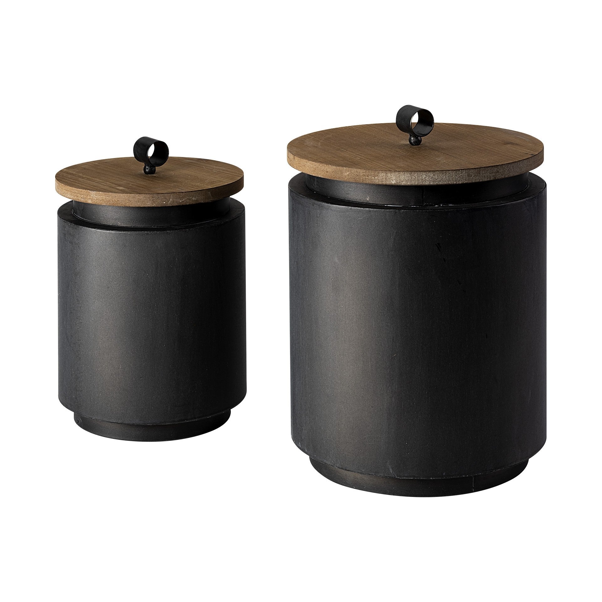 Set Of Two Gray Metal Cannisters With Wooden Lids