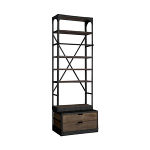 94" Black Iron Five Tier Standard Bookcase With Two Drawers