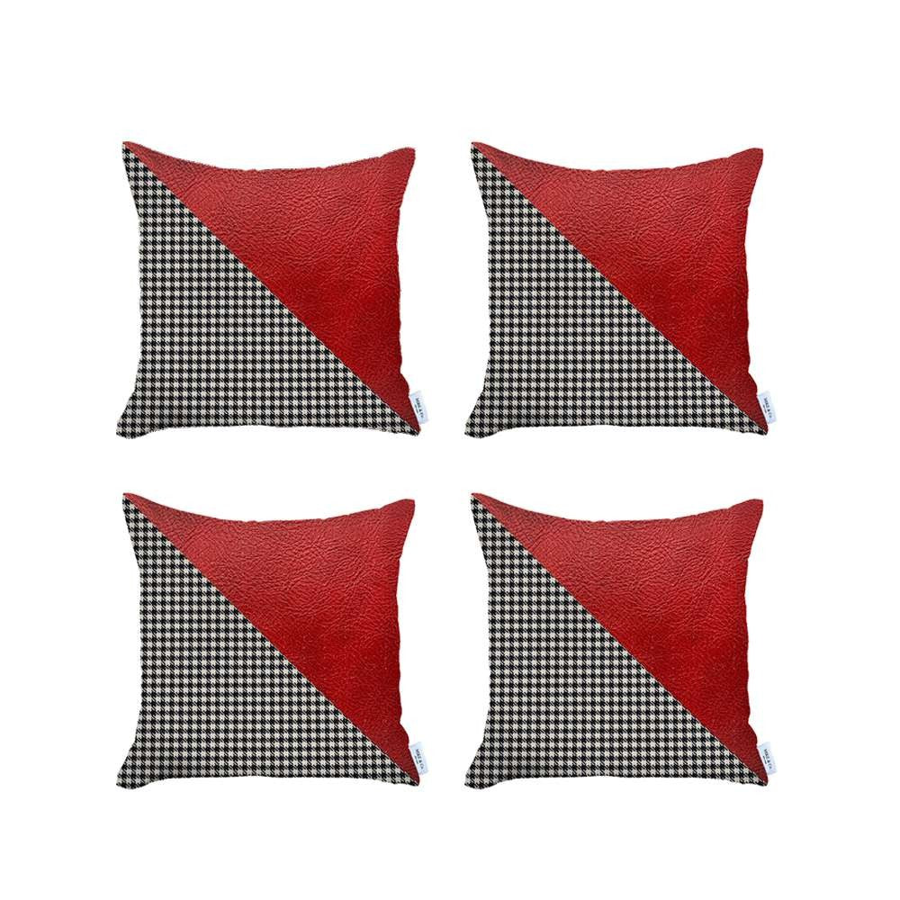 Set Of 4 Houndstooth Red Faux Leather Pillow Covers - 99fab 