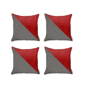 Set Of 4 Houndstooth Red Faux Leather Pillow Covers