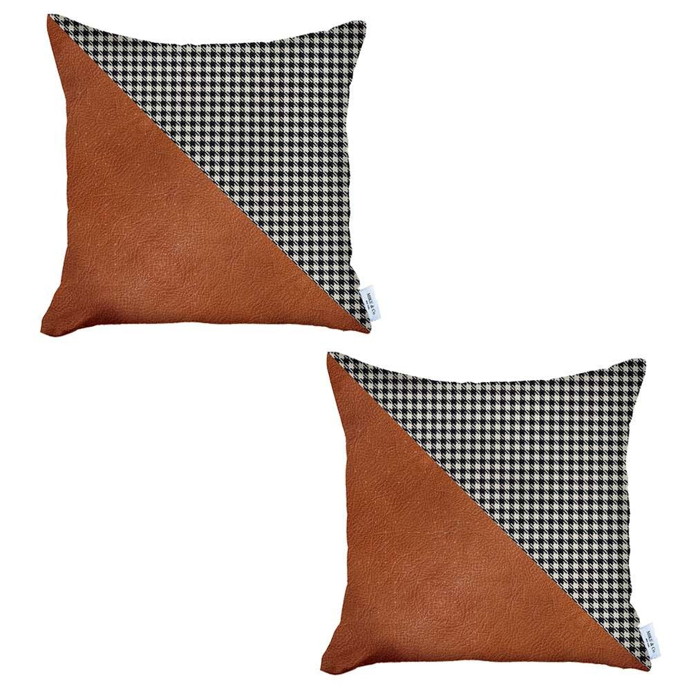 Set Of 2 Houndstooth Brown Faux Leather Pillow Covers - 99fab 